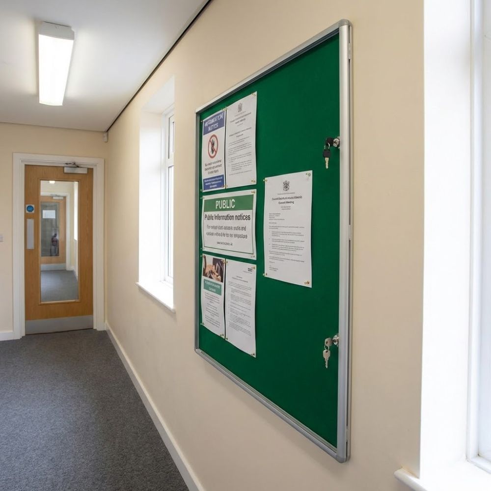 1200 x 900mm fire resistant tamperproof noticeboard with green felt backing and aluminium frame, wall mounted in a corridor displaying official public notices behind a lockable cover.