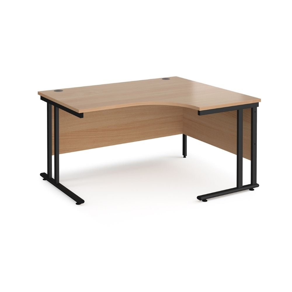 1400mm ergonomic right hand corner office desk with curved front work surface, wood effect finish, modesty panel, cable ports and black metal leg frame