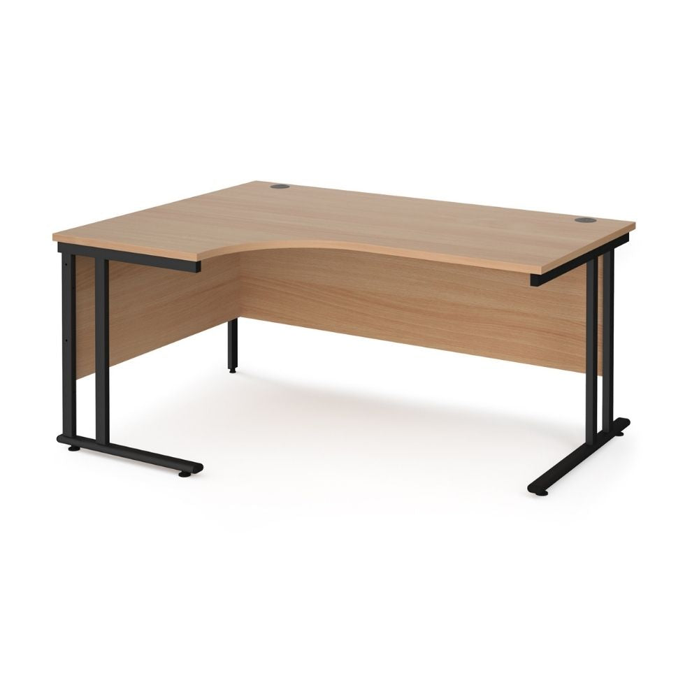 1600mm ergonomic corner workstation with left hand return, smooth curved front edge, wood effect surface, full modesty panel and durable black metal leg structure
