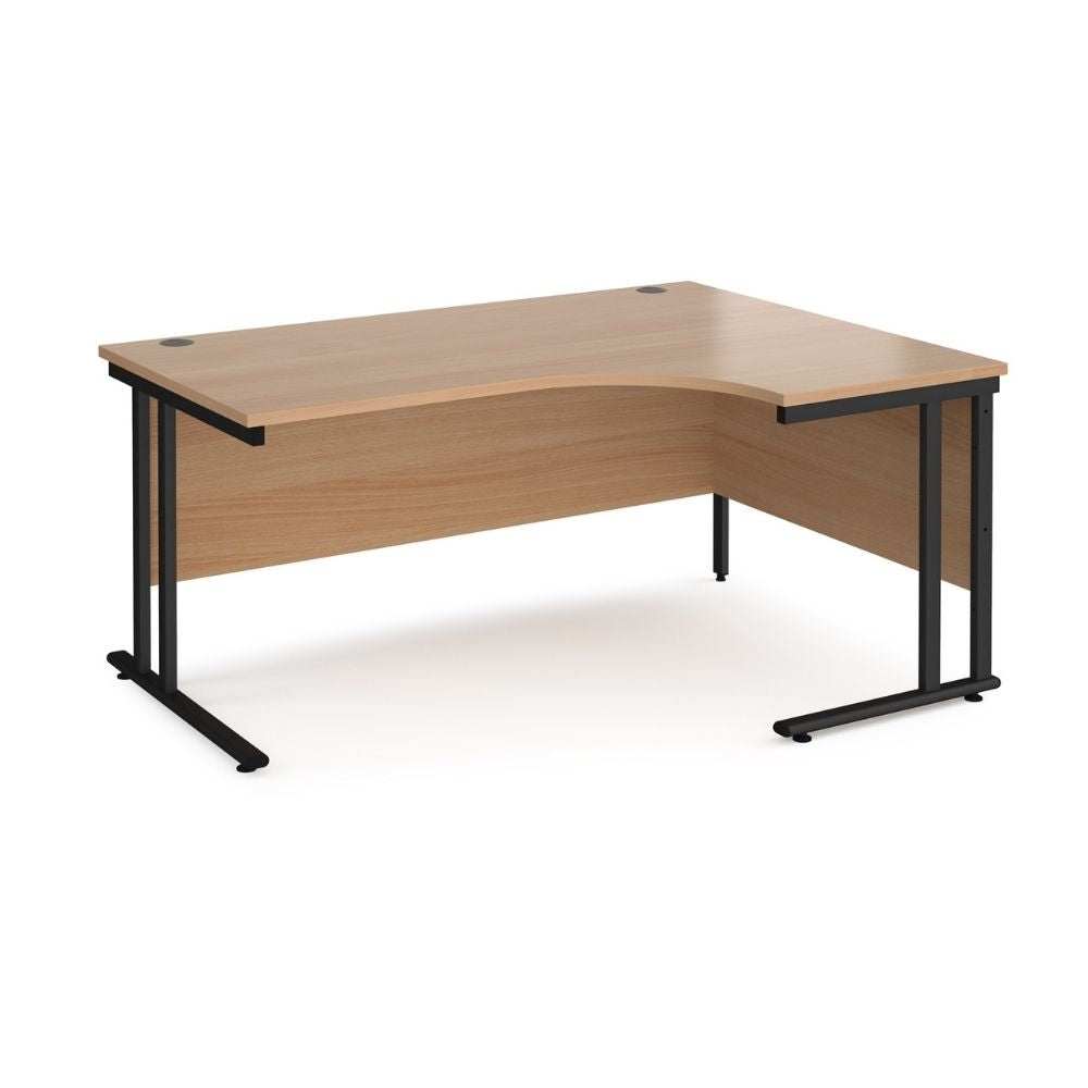 1600mm right hand ergonomic corner workstation featuring a curved desktop profile, integrated modesty panel, twin cable access points and steel support legs