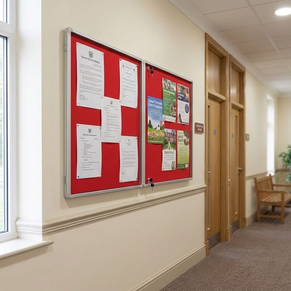 1800 x 1200mm fire resistant tamperproof noticeboard with red felt backing and aluminium frame, wall mounted in a corridor displaying community and official notices behind lockable glazed doors.