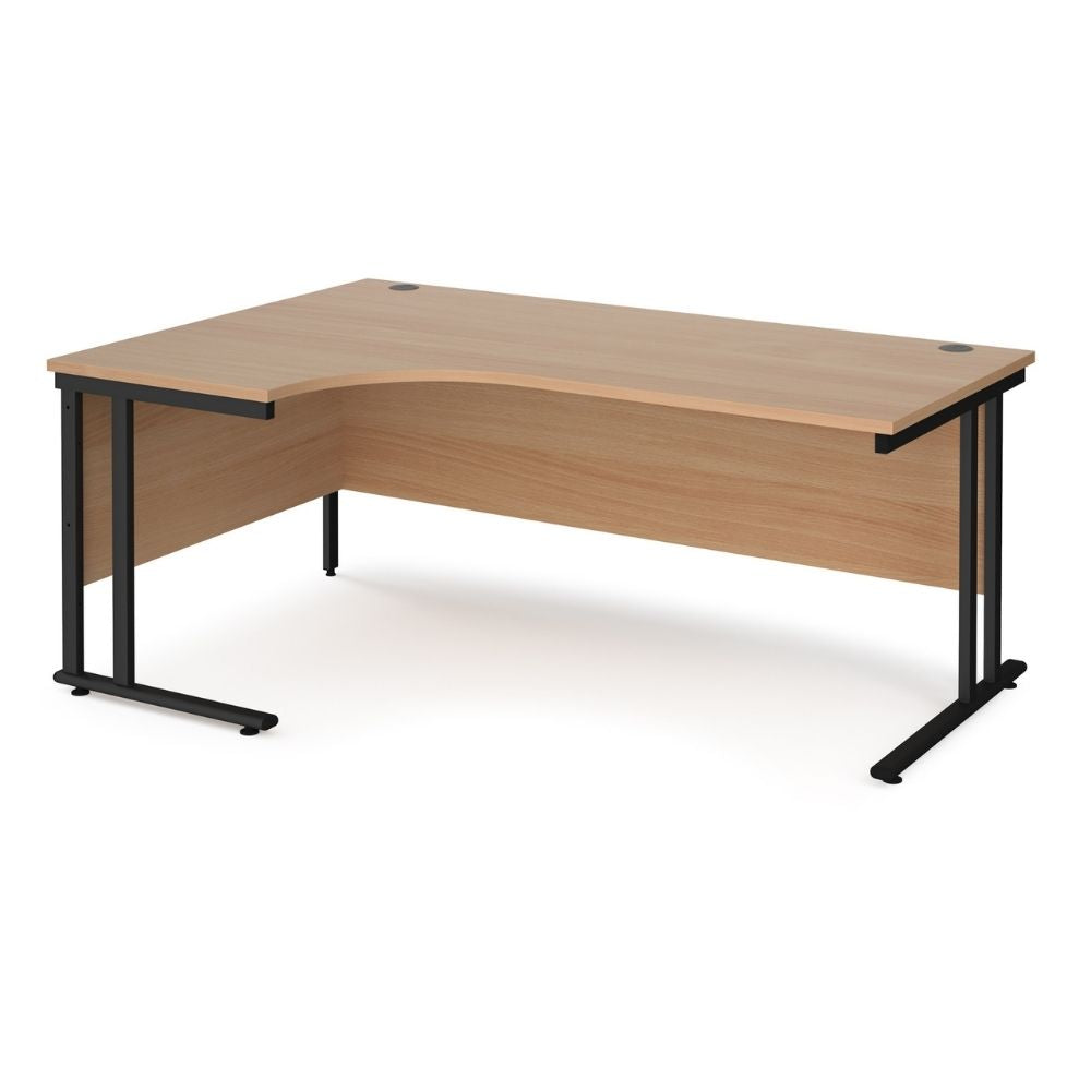 1800mm ergonomic corner office desk with extended left hand work area, curved wood effect top, cable access points and reinforced steel leg frame for large workstations