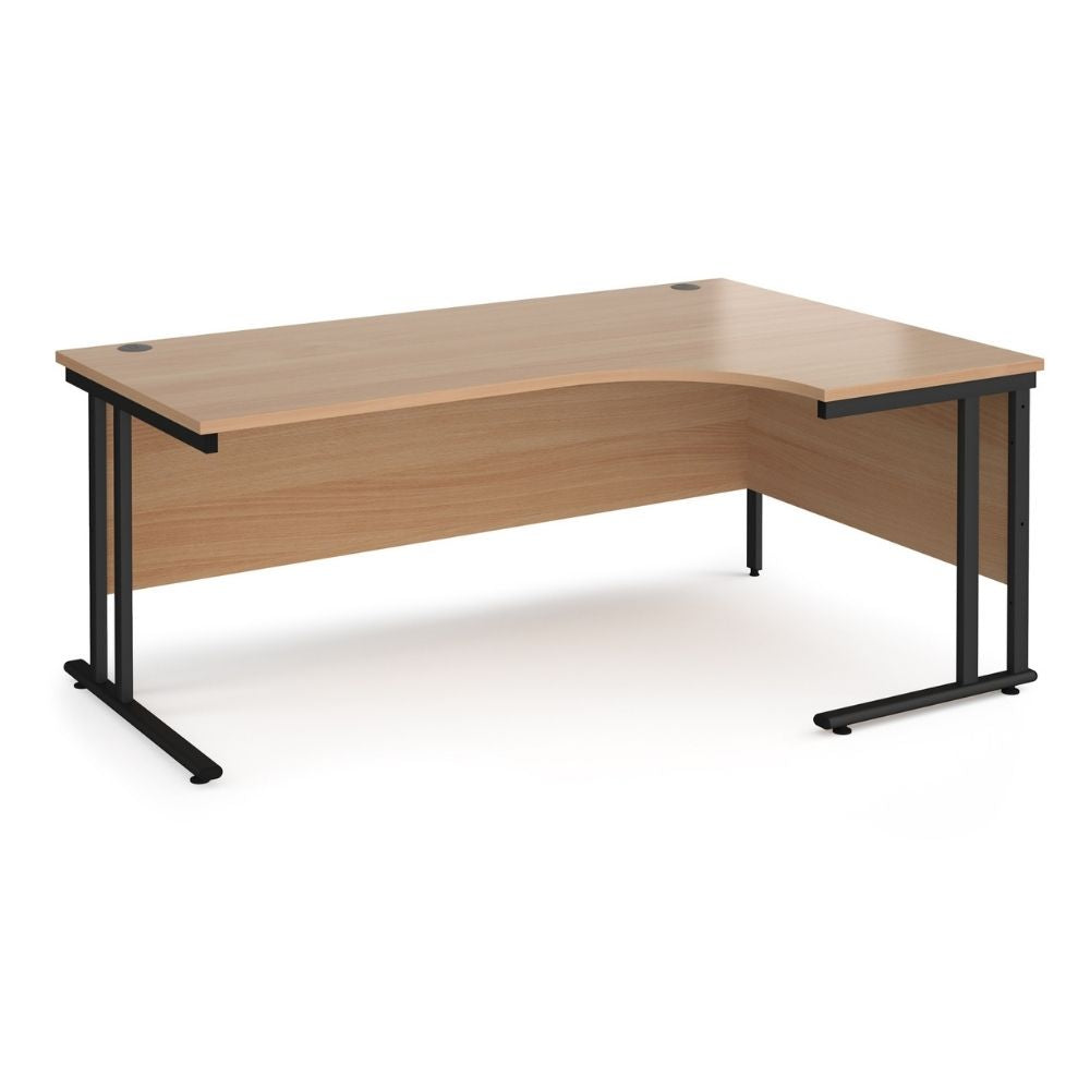 1800mm ergonomic right hand corner desk with extended return, curved wood effect surface, full modesty panel and reinforced black steel frame for spacious offices