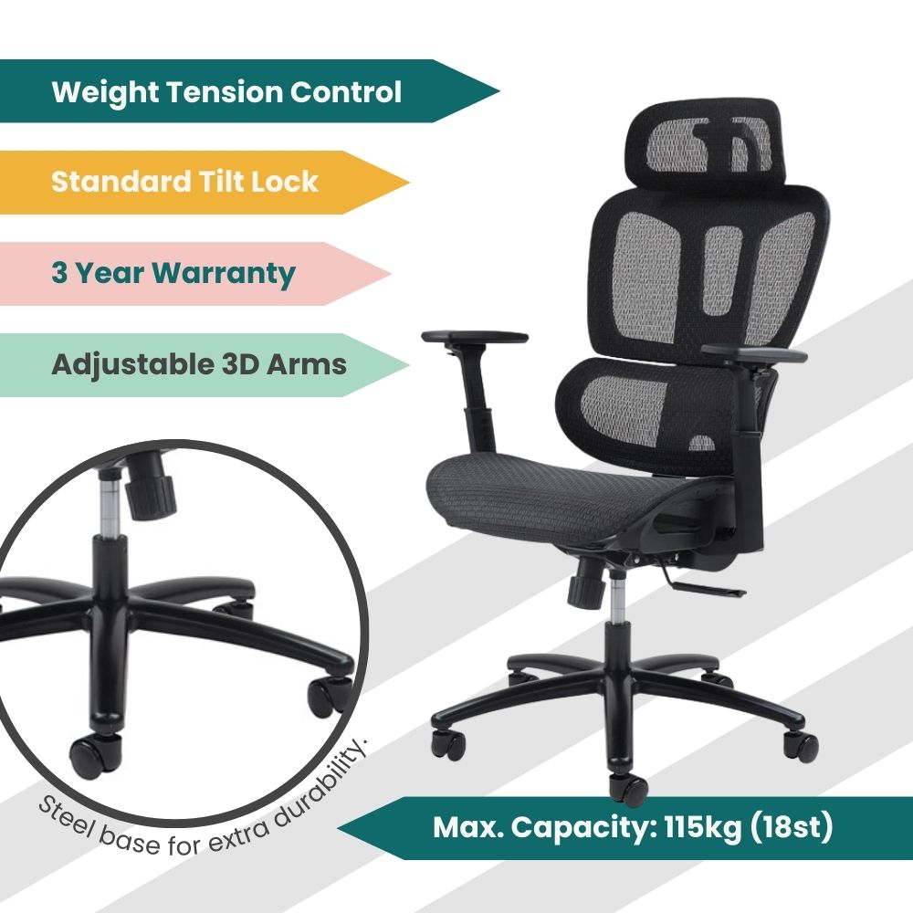 Close-up of ergonomic chair showing dynamic lumbar adjustment and adjustable armrest. Mesh back and seat enhance breathability and posture support for long-duration seating in office environments.