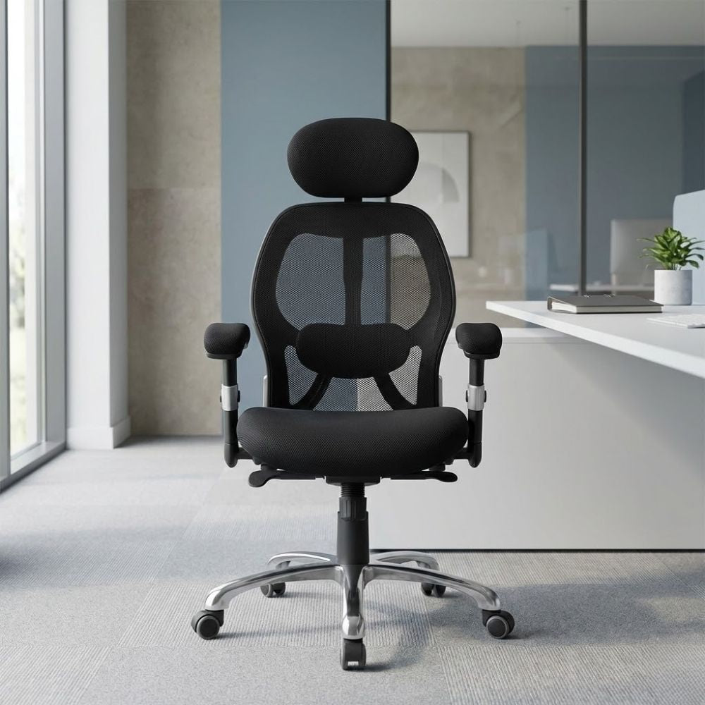 24-hour ergonomic mesh office chair featuring a breathable backrest, adjustable arms, headrest, and chrome base with castors, positioned in a contemporary office with soft grey flooring.