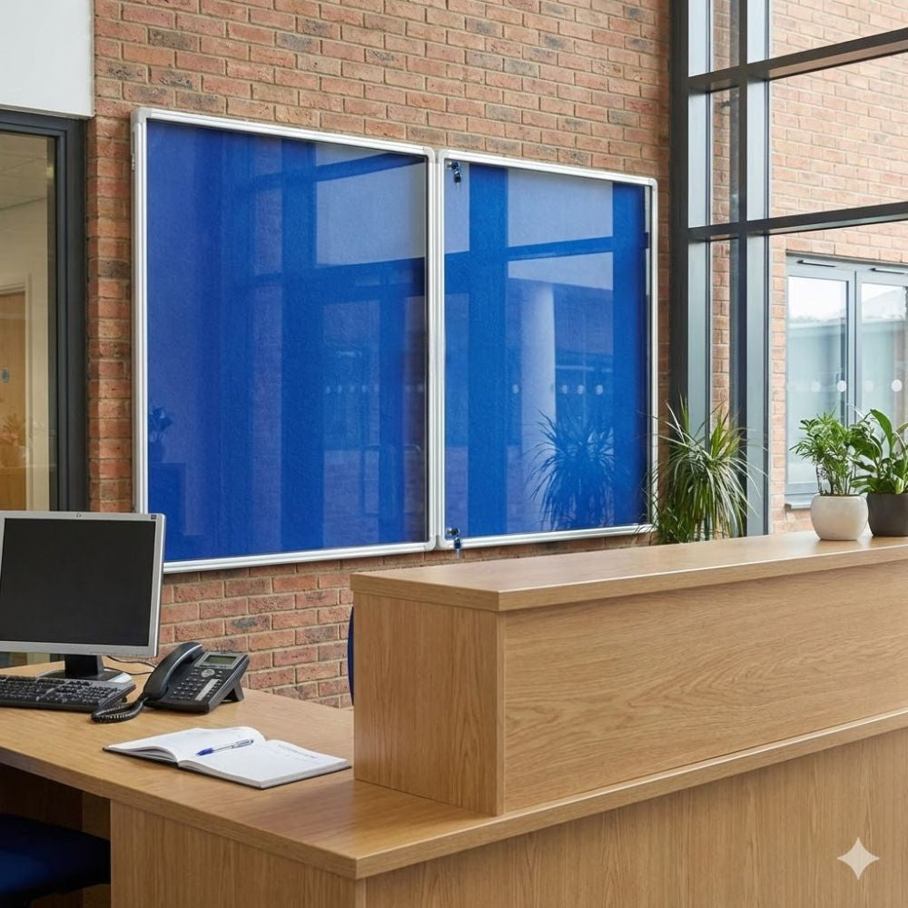 2400 x 1200mm fire resistant tamperproof noticeboard with blue felt surface and aluminium frame, installed in a reception area with secure lockable cover for protected document display.