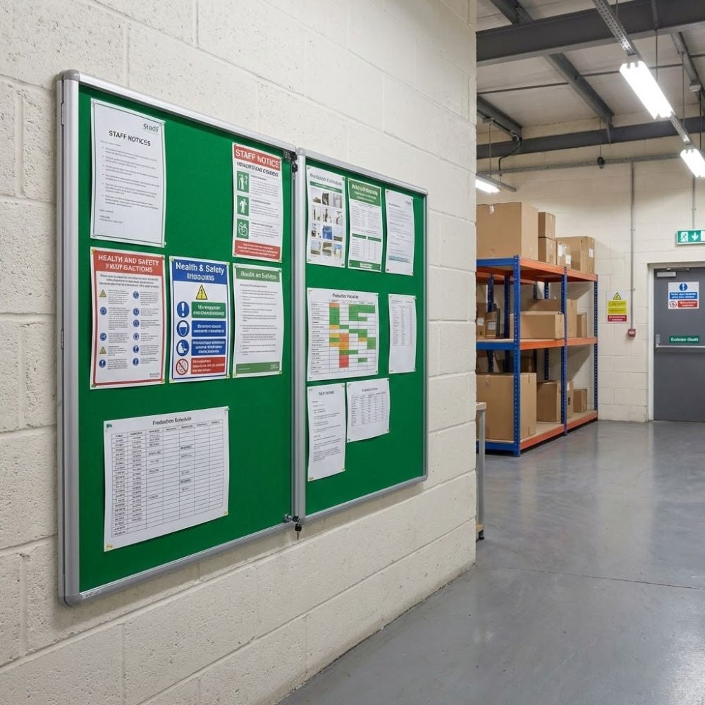 2400 x 1200mm fire resistant tamperproof noticeboard with green felt backing and aluminium frame, wall mounted in a warehouse corridor displaying health and safety notices behind lockable glazed doors.