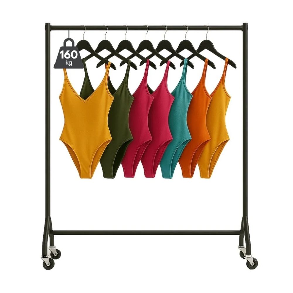 Black 3ft rack with colourful swimsuits and compliance tags, built for compact retail presentation.