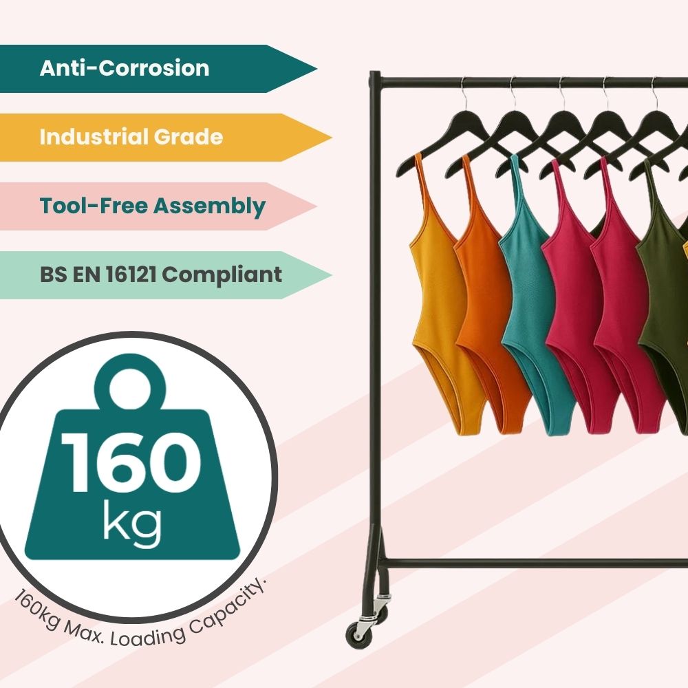 Black 3ft rack with gradient one-piece swimsuits, designed for mobile display in retail environments.