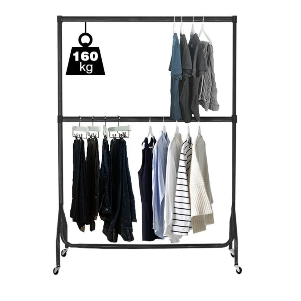 Compact black clothes rack with two hanging bars and caster wheels, built for 160kg garment loads.