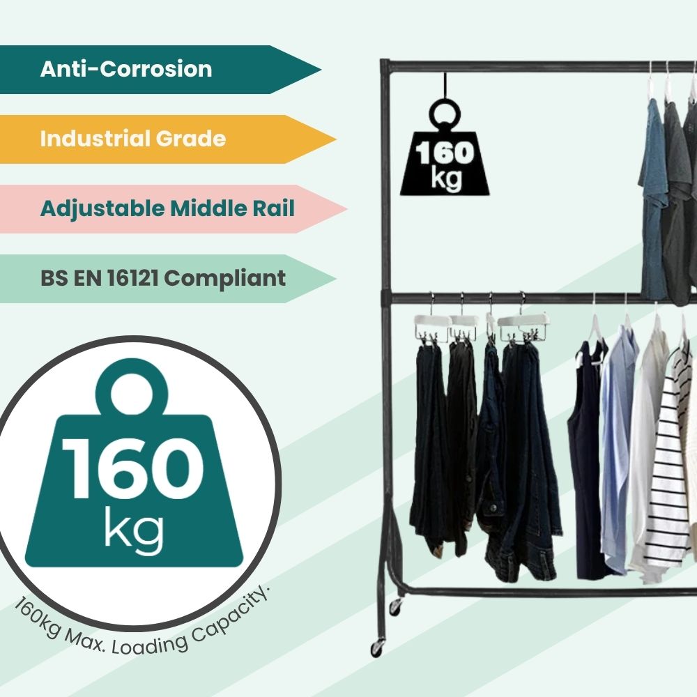 Heavy-duty 3ft clothing rack with compliance tags and adjustable rail, designed for retail and storage use.