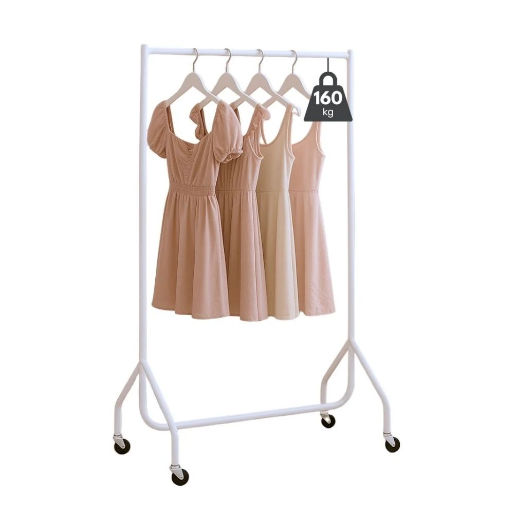 White 3ft rack with light pink and beige dresses, designed for compact and mobile fashion presentation