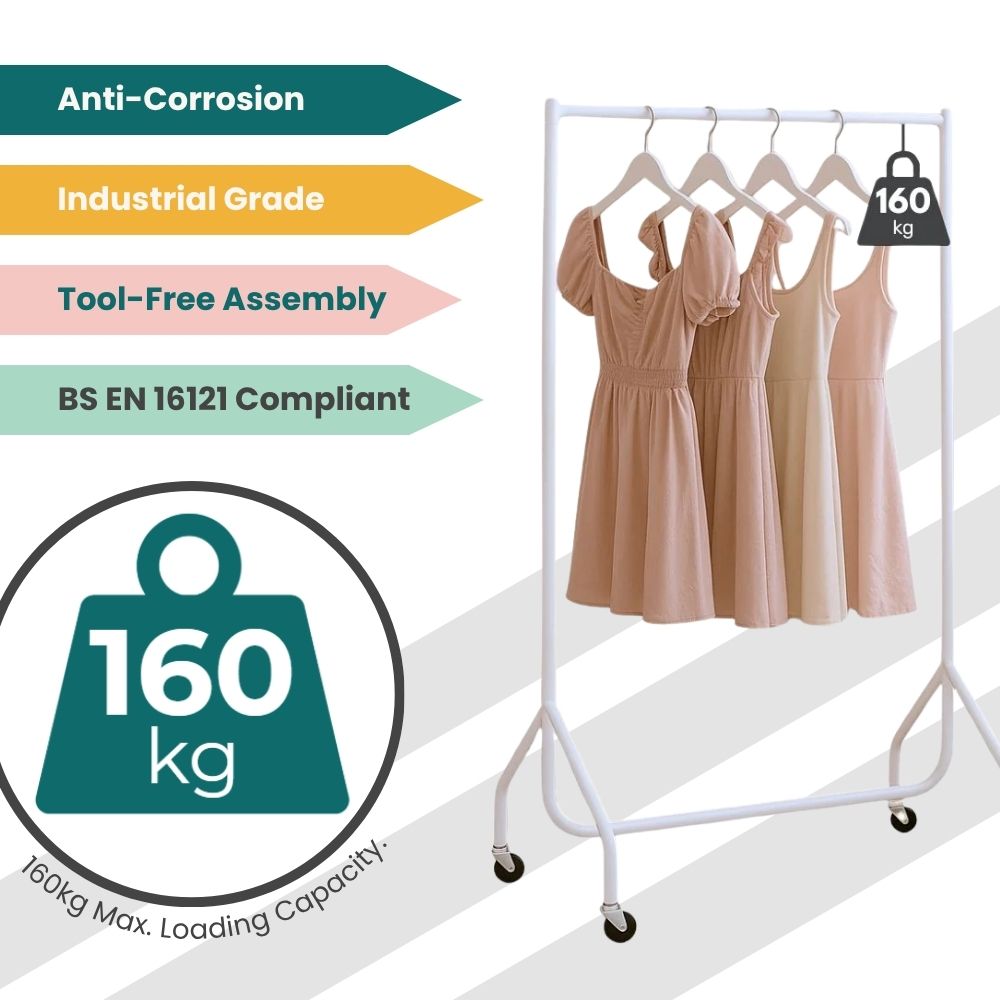 White 3ft rack with beige dresses and compliance tags, built for industrial-grade garment storage.