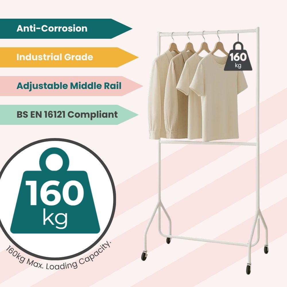Heavy-duty white clothing rack with compliance tags and adjustable rail, designed for retail and storage use.