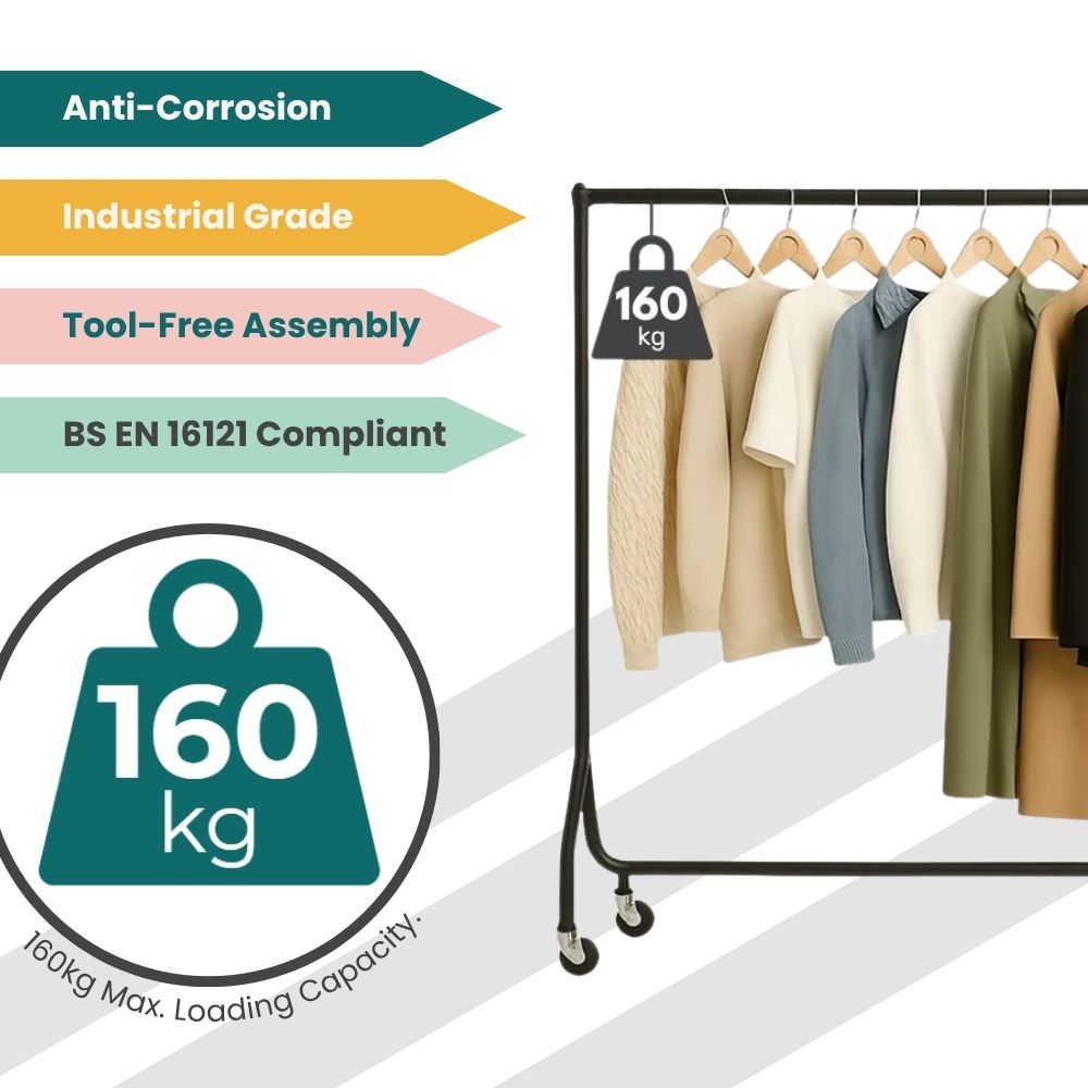 Black 4ft rack with neutral sweaters and shirts, featuring industrial-grade compliance and 160kg load rating.