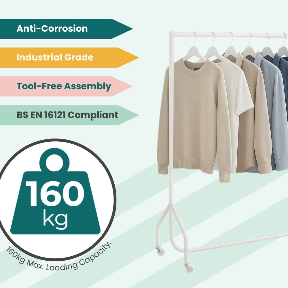 White 4ft rack with compliance tags and mixed garments, designed for industrial-grade use and easy setup.