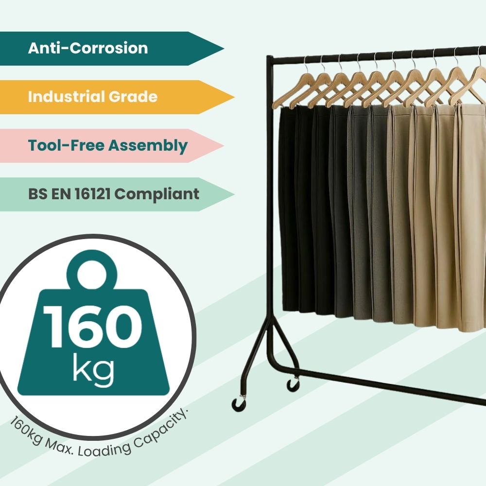Black 5ft rack with neatly arranged trousers, designed for mobile retail or wardrobe organization.