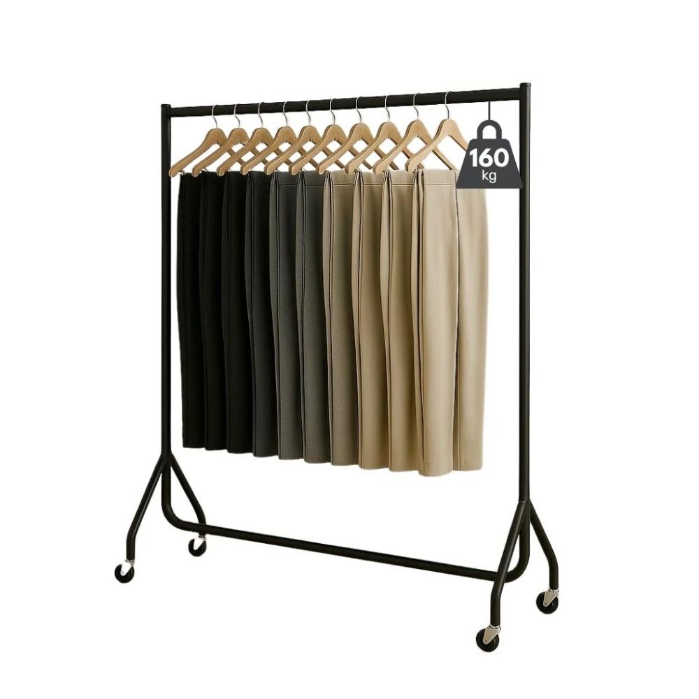 Black 5ft rack with compliance tags and trousers on hangers, built for industrial-grade garment storage.
