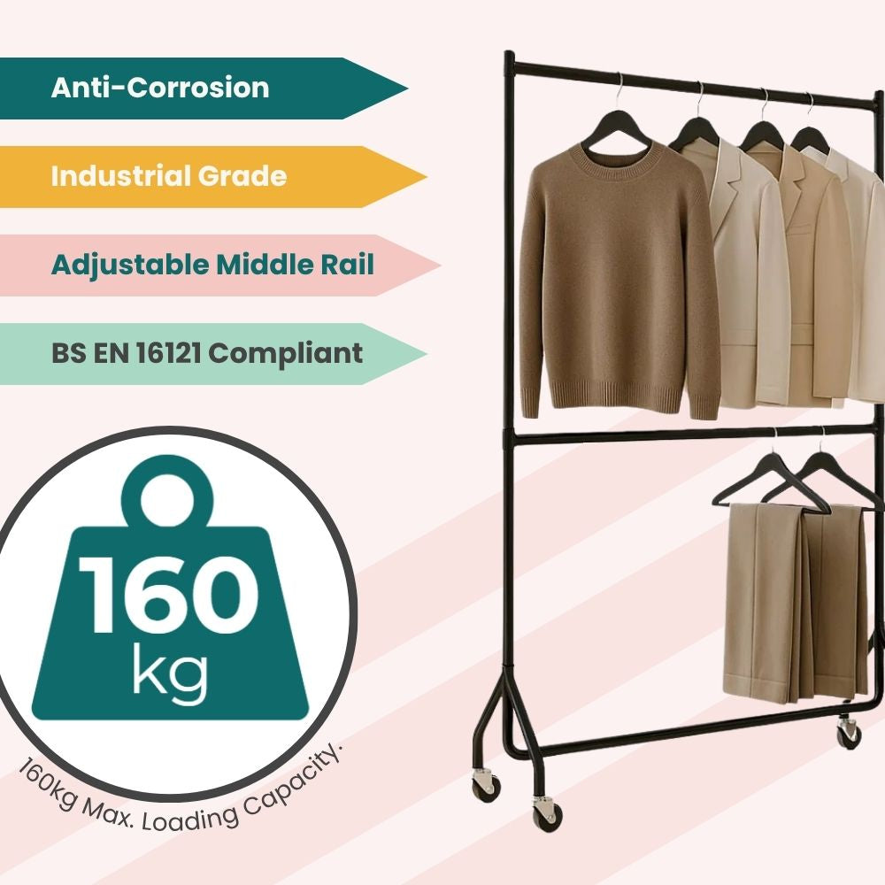 Heavy-duty 5ft black rack with compliance tags and adjustable rail, designed for commercial garment display.