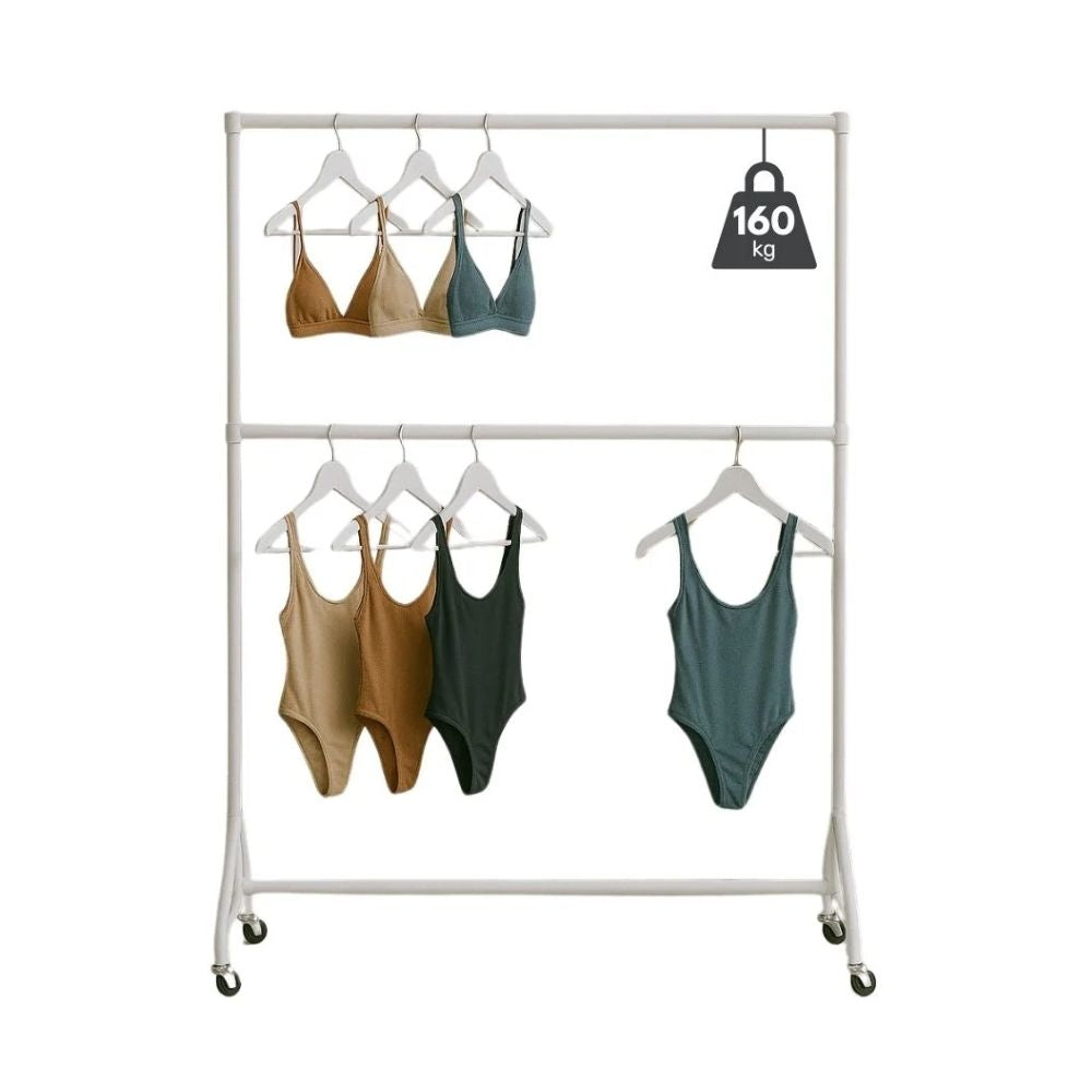 White 5ft garment rack with bikinis and one-pieces on hangers, built for mobile retail presentation.