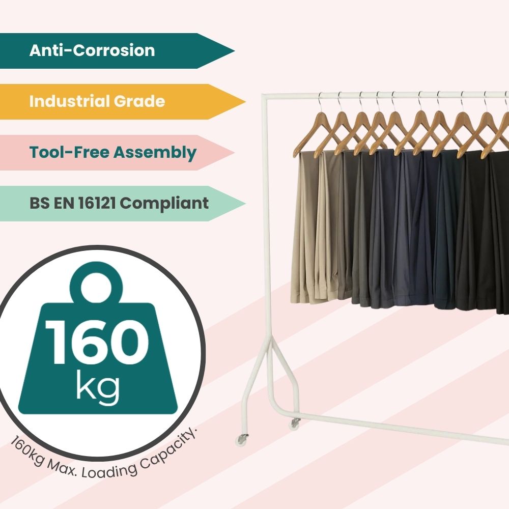 White 5ft rack with neutral-toned jackets and shirts, featuring tool-free setup and industrial-grade compliance.