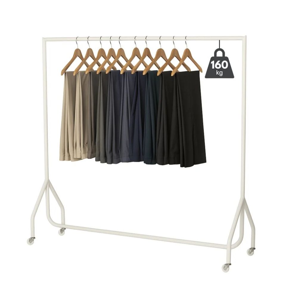 White 5ft rack with six shirts on hangers, designed for mobile garment storage in retail or home settings.