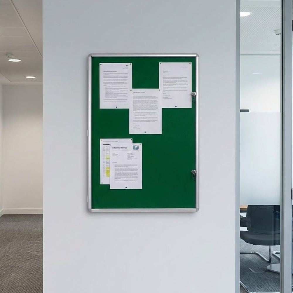 600 x 900mm fire resistant tamperproof noticeboard with green felt surface and aluminium frame, installed on an office wall with secure lockable cover displaying official notices.