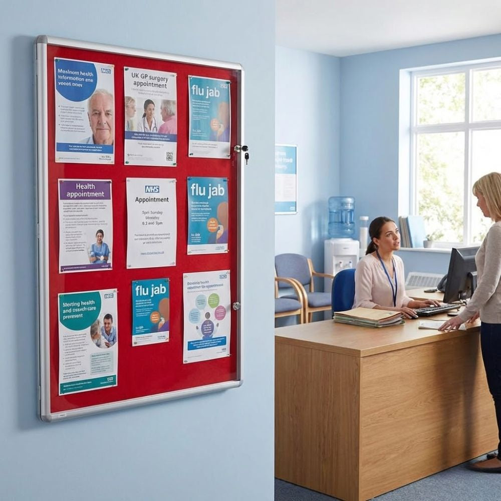 600 x 900mm fire resistant tamperproof noticeboard with red felt backing and aluminium frame, wall mounted in a GP surgery reception area displaying NHS health and flu jab information behind a lockable glazed door.