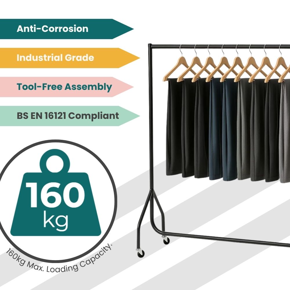 Black 6ft rack with compliance tags and pants on hangers, built for industrial garment storage and mobility.