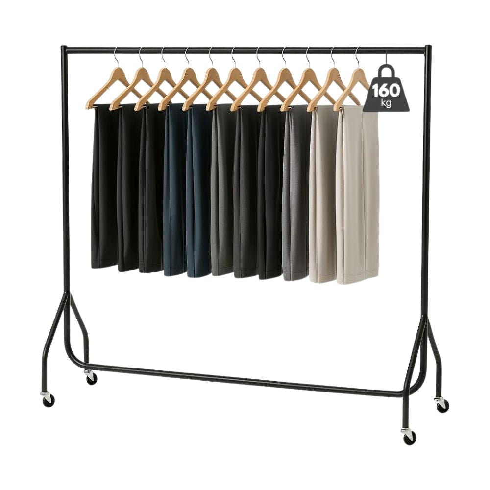 Black 6ft garment rack with trousers on wooden hangers, built for high-capacity retail or storage use.