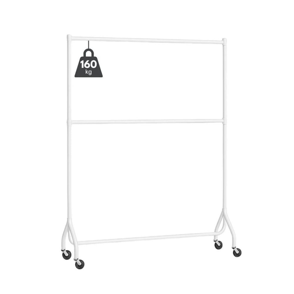 White double-rail clothing rack with caster wheels and 160kg load rating, built for spacious garment storage.