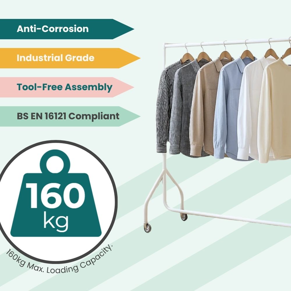 White 6ft rack with shirts on wooden hangers, built for mobile garment storage in retail or home settings.