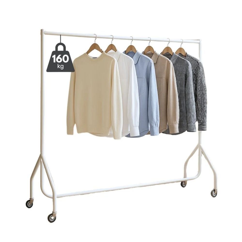 White 6ft rack with neutral-toned jackets and shirts, featuring tool-free setup and industrial-grade compliance.
