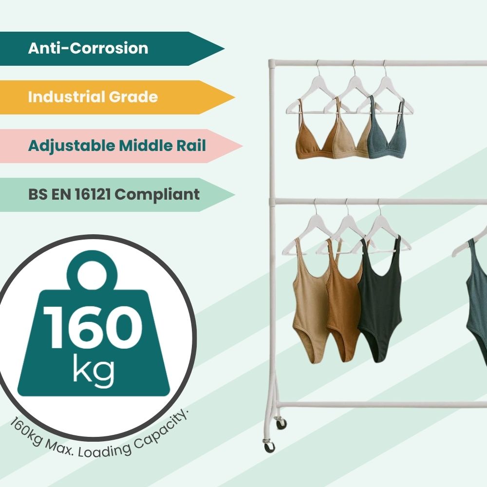 Heavy-duty white rack with swimsuits and compliance tags, designed for retail use with adjustable rail.
