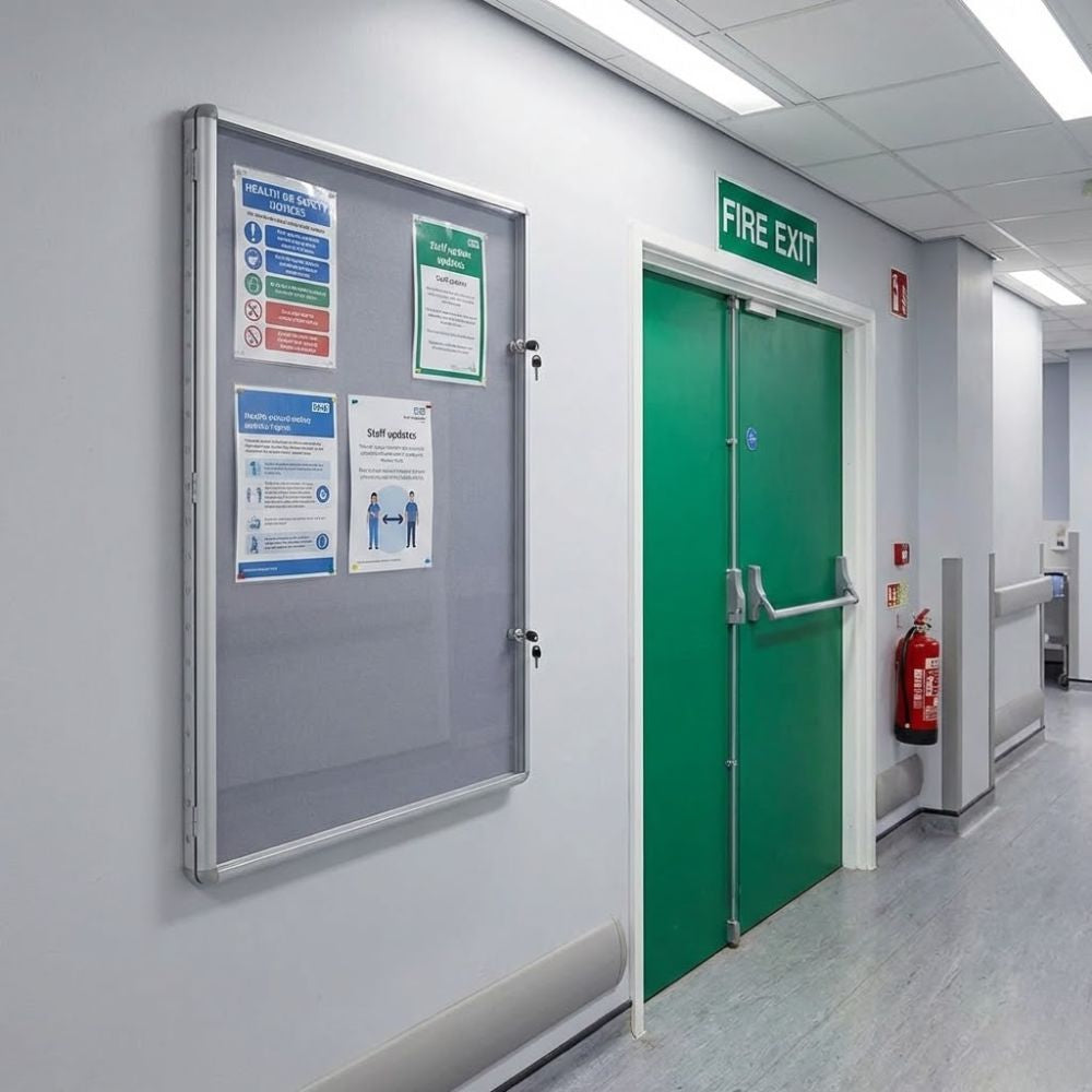 900 x 1200mm fire resistant tamperproof noticeboard with grey felt surface and aluminium frame, installed in a healthcare corridor near a fire exit displaying health and safety updates behind a secure lockable cover.