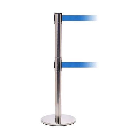 Polished Steel Retractable Barrier (3.4m Twin Blue Belt) | High Security Queue Post