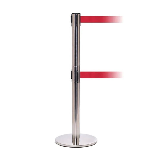 Polished Steel Retractable Barrier (3.4m Twin Red Belt) | High Security Queue Post