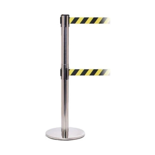 Cobolt Polished Steel Retractable Barrier Twin 3.4m Chevron Belt | Hazard Queue Post
