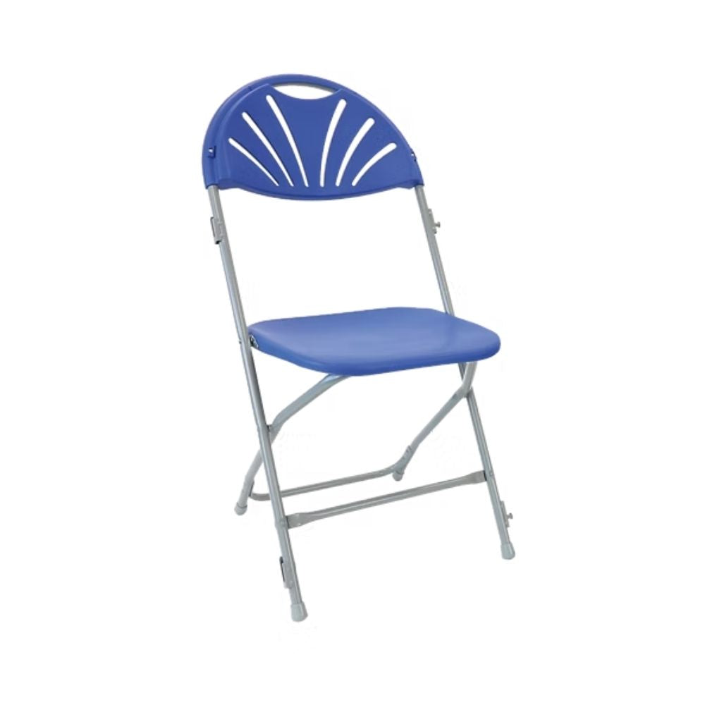 Blue Fan Back Folding School Assembly Chair - Grey Steel Frame