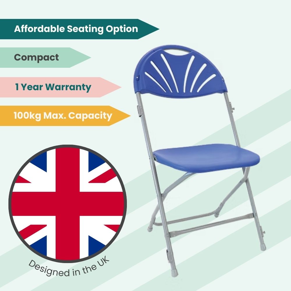 Blue Fan Back Folding School Assembly Chair - Grey Steel Frame