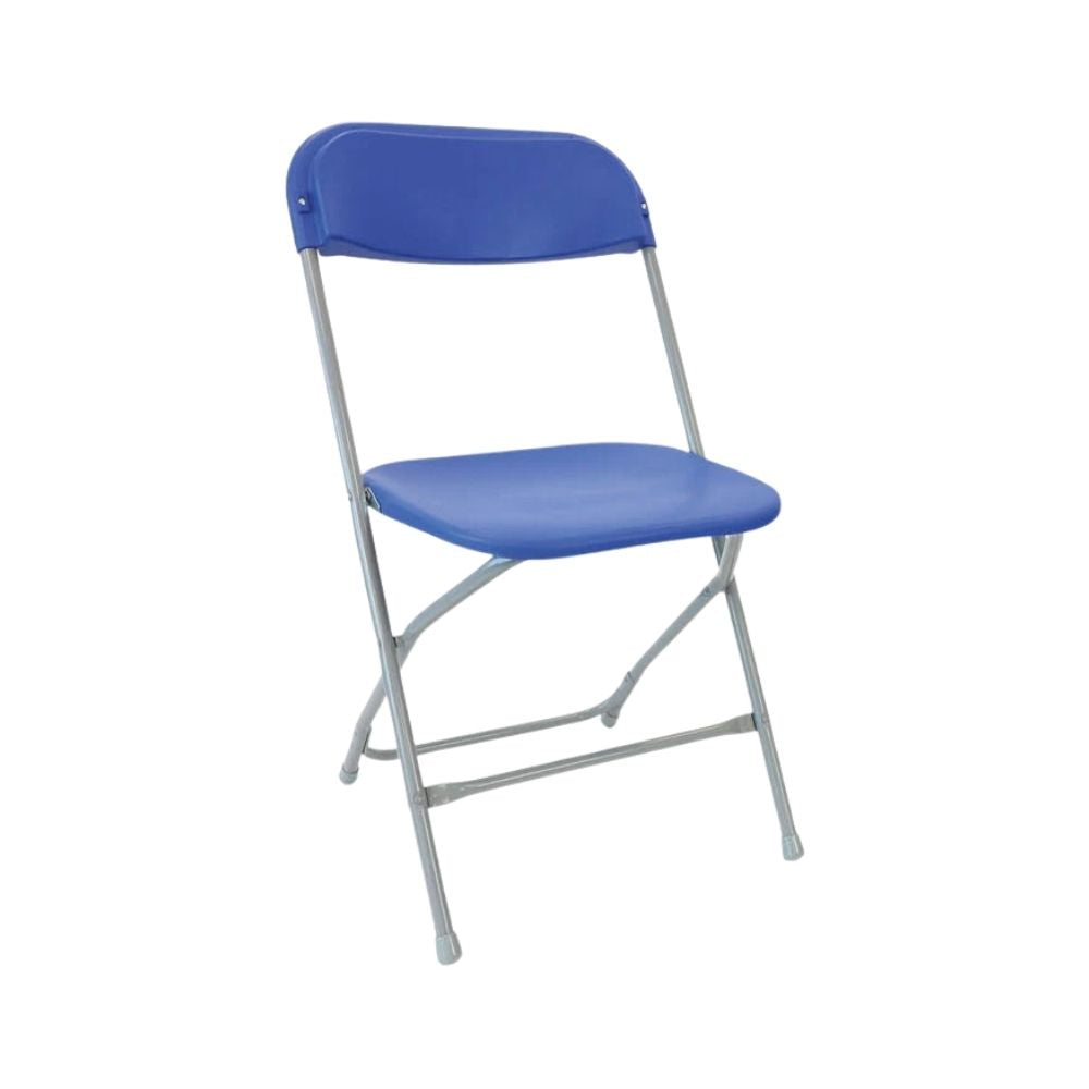 Blue Straight Back Folding School Assembly Chair - Grey Steel Frame