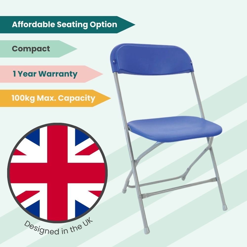 Blue Straight Back Folding School Assembly Chair - Grey Steel Frame