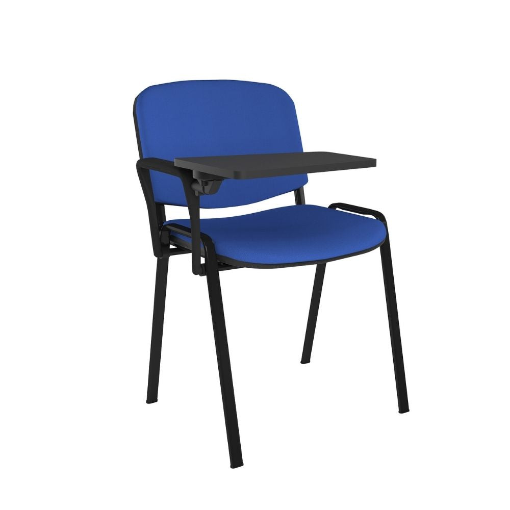 Black Fabric Stacking Conference Chair with Blue Fabric Seat and Writing Tablet