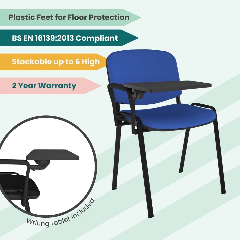 Black Fabric Stacking Conference Chair with Blue Fabric Seat and Writing Tablet
