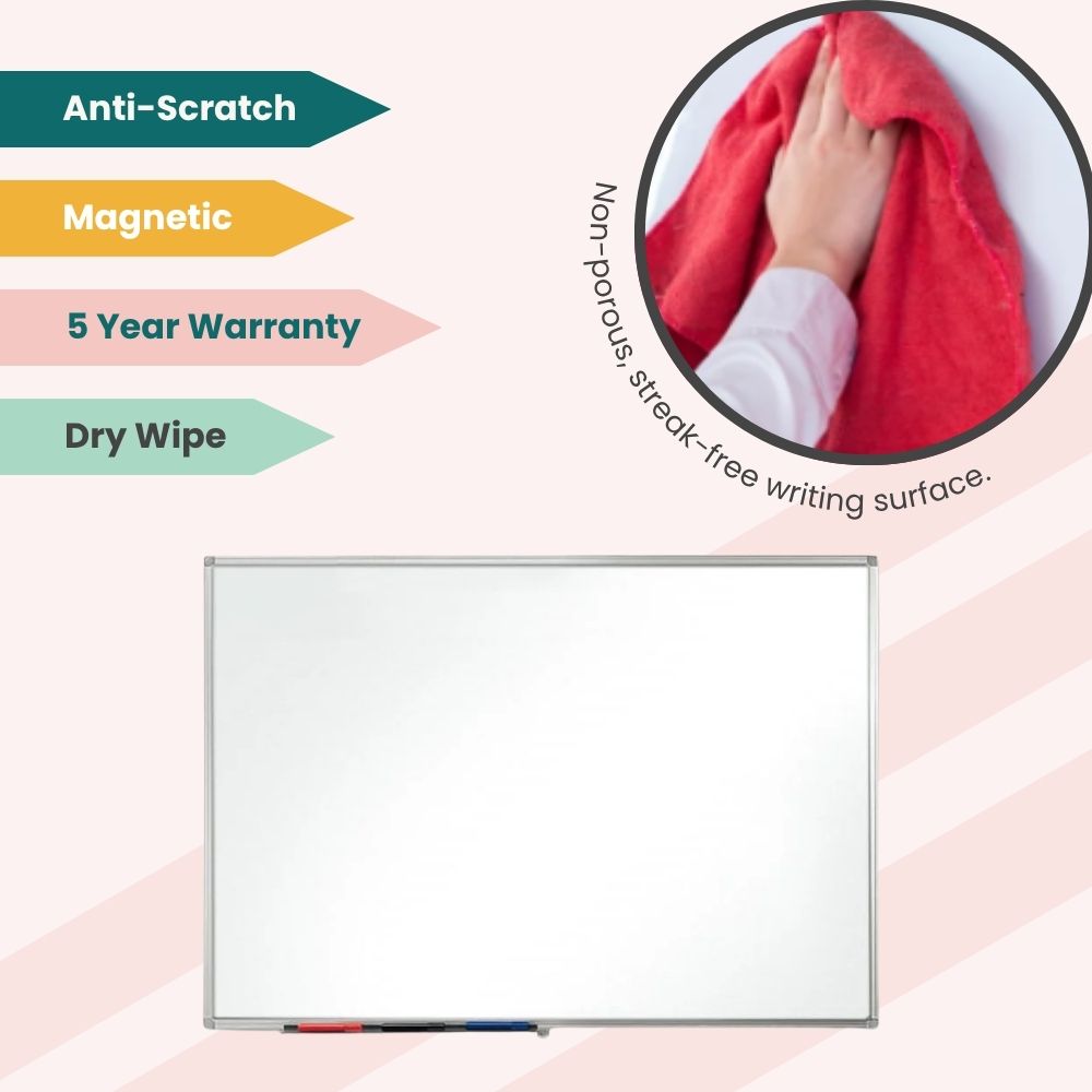 Magnetic whiteboard with streak-free surface and scratch-resistant coating, built for daily classroom use.
