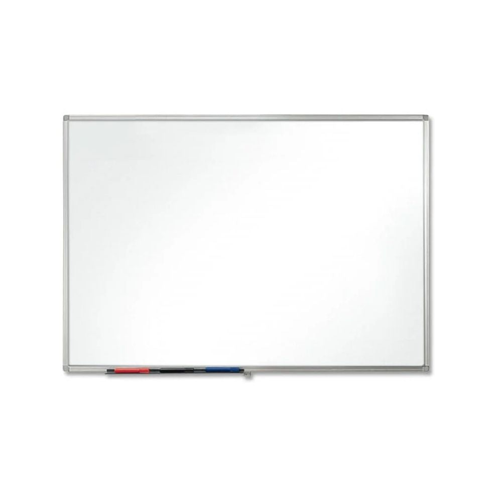 Framed whiteboard with marker tray and coloured pens, ideal for presentations or lesson planning.