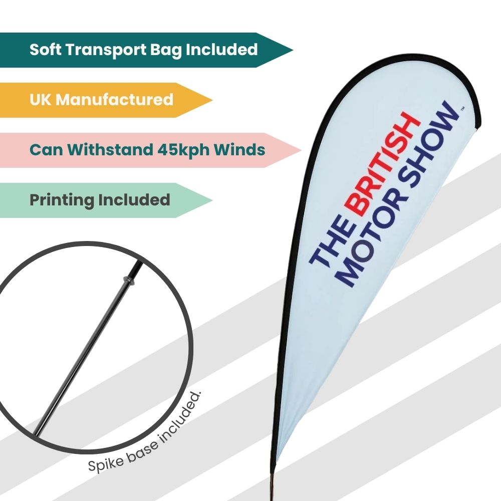 British Motor Show teardrop banner with drive-on base and soft bag, ideal for vehicle-based setups.