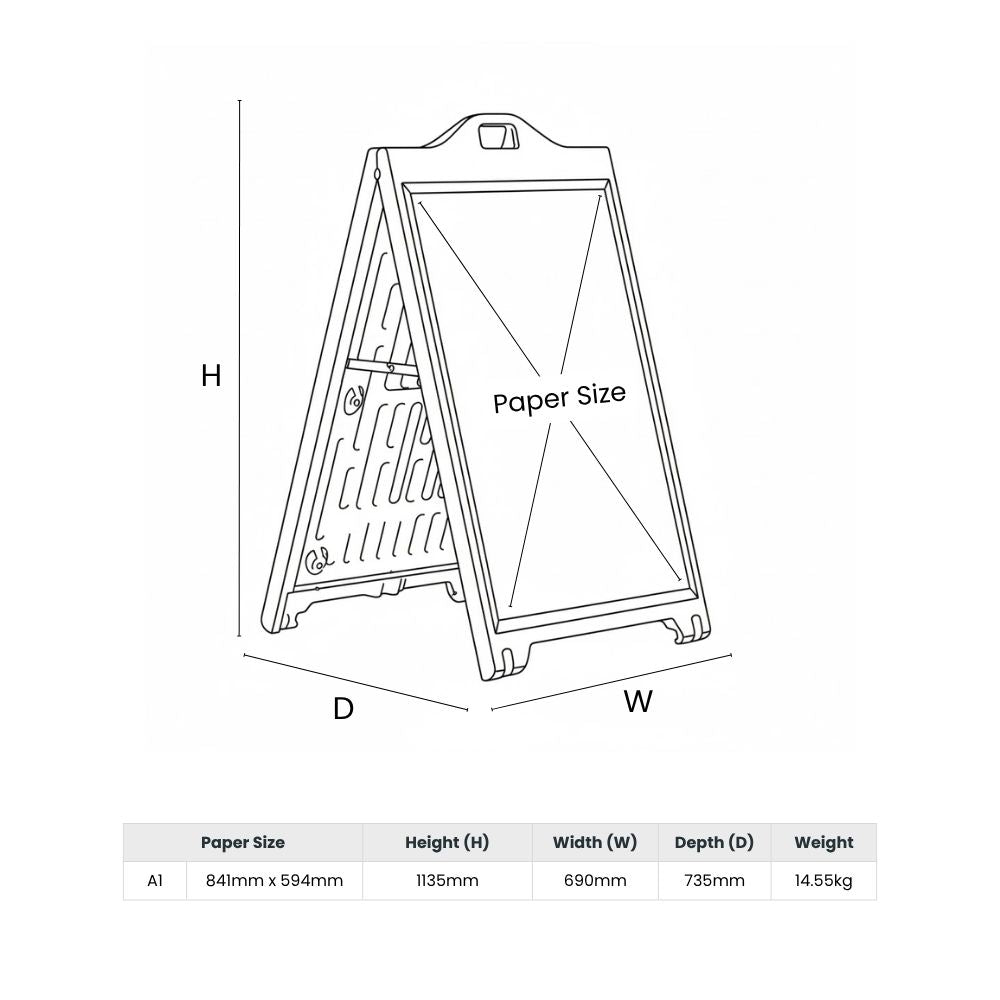 Technical diagram of A-frame sign holder with full dimensions and weight for A1-sized signage planning.