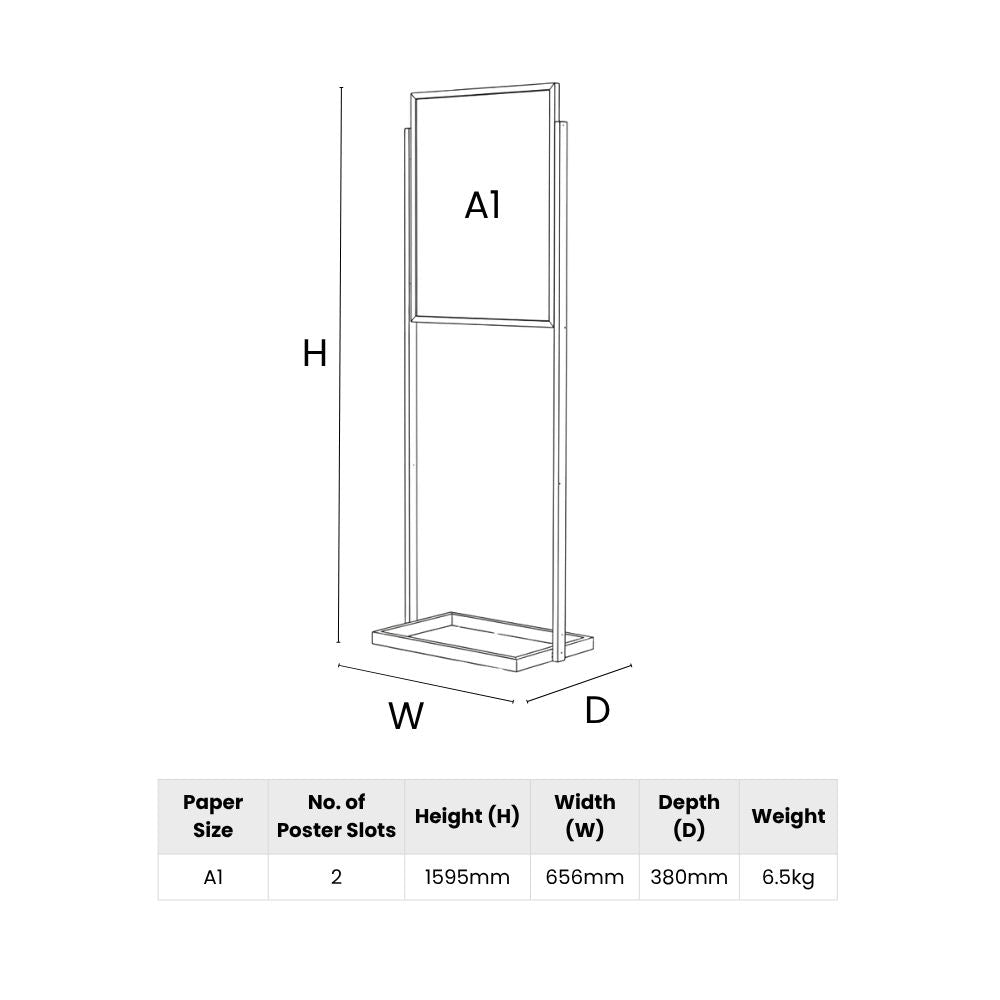 Technical diagram of freestanding poster stand with two A1 slots, showing labelled height, width, depth, and weight for retail or event use.