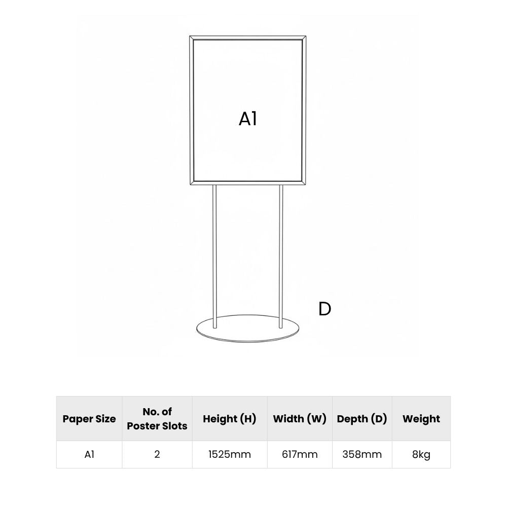 Technical diagram of freestanding A1 poster stand with dual slots and circular base, showing labelled height, width, depth, and weight.
